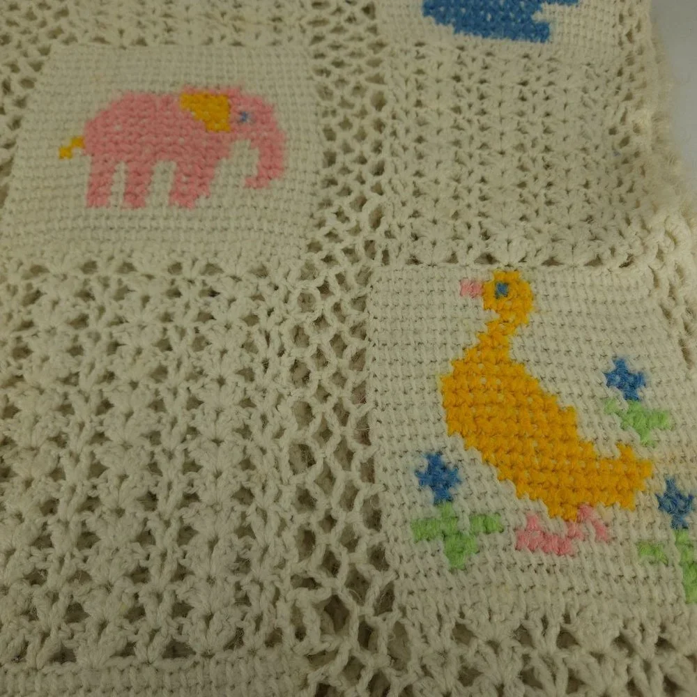 Crocheted Afghan Blanket Baby Infant Homemade White Boy Girl Animal Squares 58